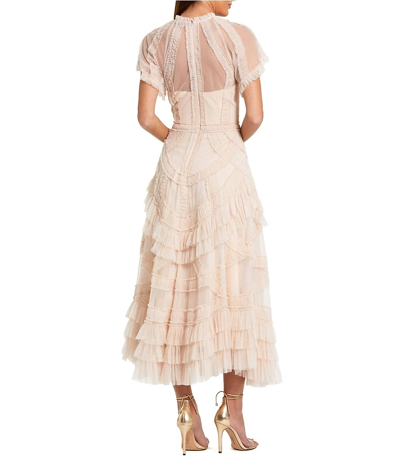 Mac Duggal Flutter Sleeve Mesh Midi Dress With Micro Ruffles