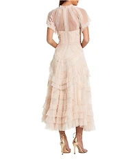 Mac Duggal Flutter Sleeve Mesh Midi Dress With Micro Ruffles