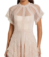 Mac Duggal Flutter Sleeve Mesh Midi Dress With Micro Ruffles