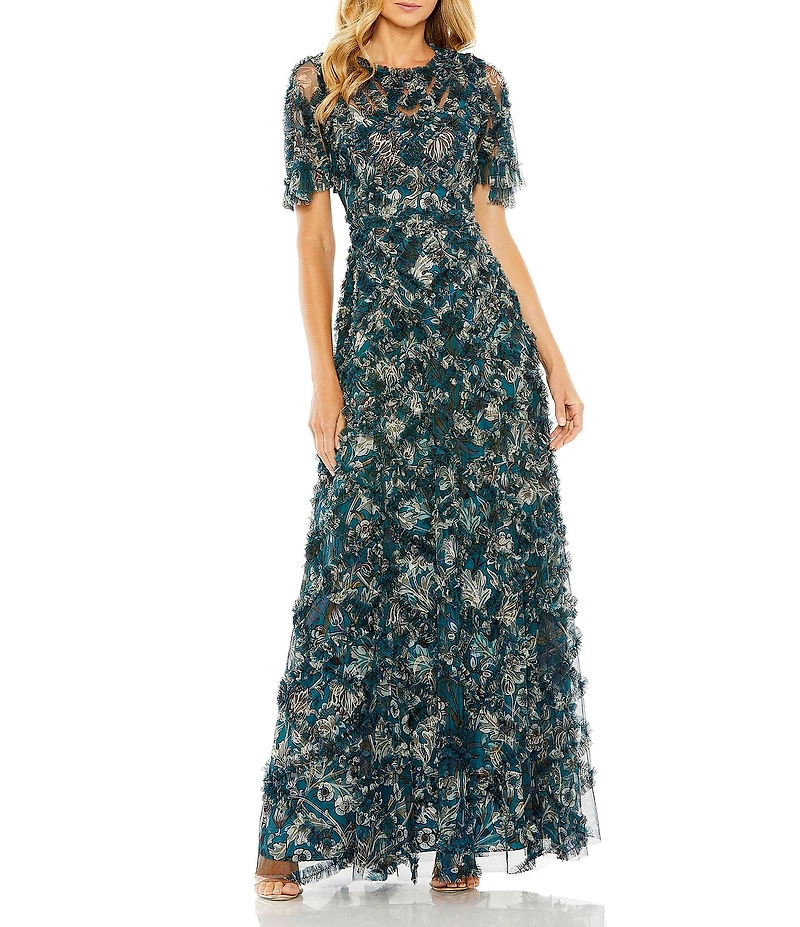 Mac Duggal Flutter Sleeve Ruffle Mesh Overlay Print Aline Gown