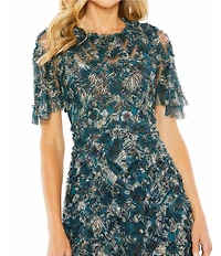 Mac Duggal Flutter Sleeve Ruffle Mesh Overlay Print Aline Gown