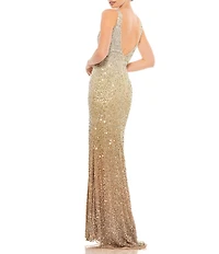 Mac Duggal Fully Sequin V-Neck Sleeveless Front Slit Open Back Detail Column Gown