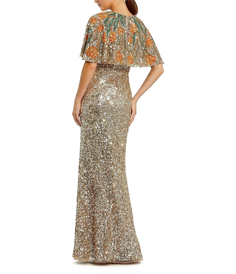 Mac Duggal Gold Embellished Mesh Crew Neck Beaded Floral Shawl Mermaid Gown