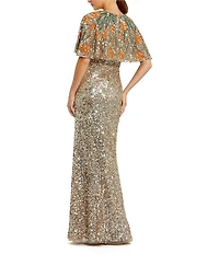 Mac Duggal Gold Embellished Mesh Crew Neck Beaded Floral Shawl Mermaid Gown