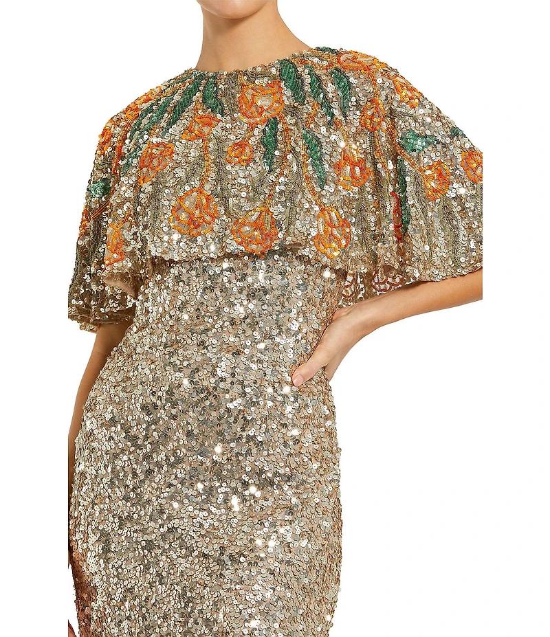 Mac Duggal Gold Embellished Mesh Crew Neck Beaded Floral Shawl Mermaid Gown