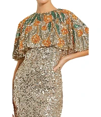 Mac Duggal Gold Embellished Mesh Crew Neck Beaded Floral Shawl Mermaid Gown