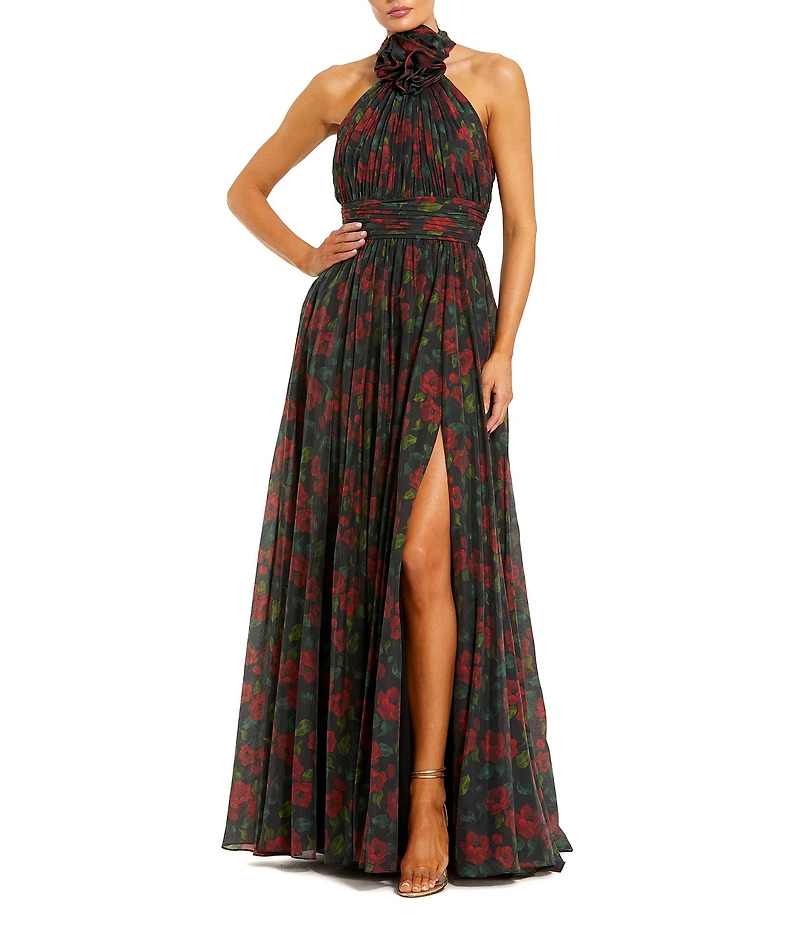 Mac Duggal Halger Floral Chiffon Maxi Dress with Flower Applique