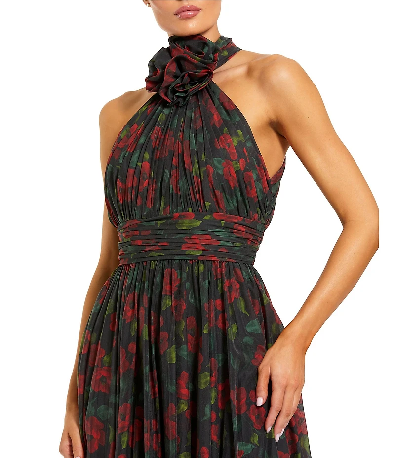Mac Duggal Halger Floral Chiffon Maxi Dress with Flower Applique