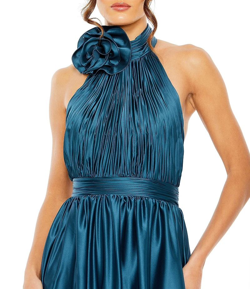 Mac Duggal Halter 3D Flower Shirred Satin Charmeuse Aline Midi Dress