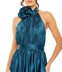 Mac Duggal Halter 3D Flower Shirred Satin Charmeuse Aline Midi Dress