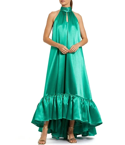 Mac Duggal Halter Cut Out Sleeveless Satin High Low Gown