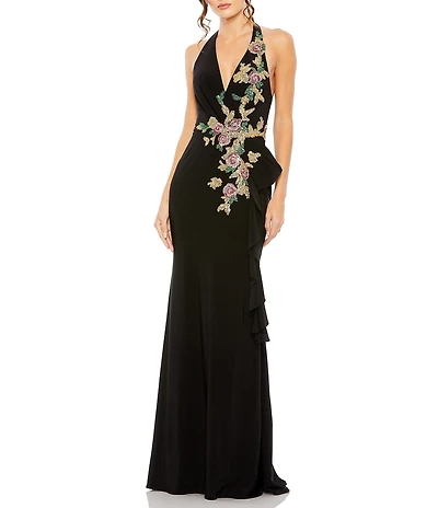 Mac Duggal Halter Floral Embellished Gown
