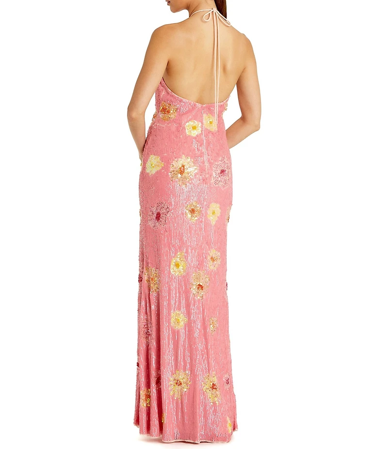 Mac Duggal Halter Neck Floral Embellished Mesh Long Gown