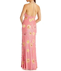 Mac Duggal Halter Neck Floral Embellished Mesh Long Gown