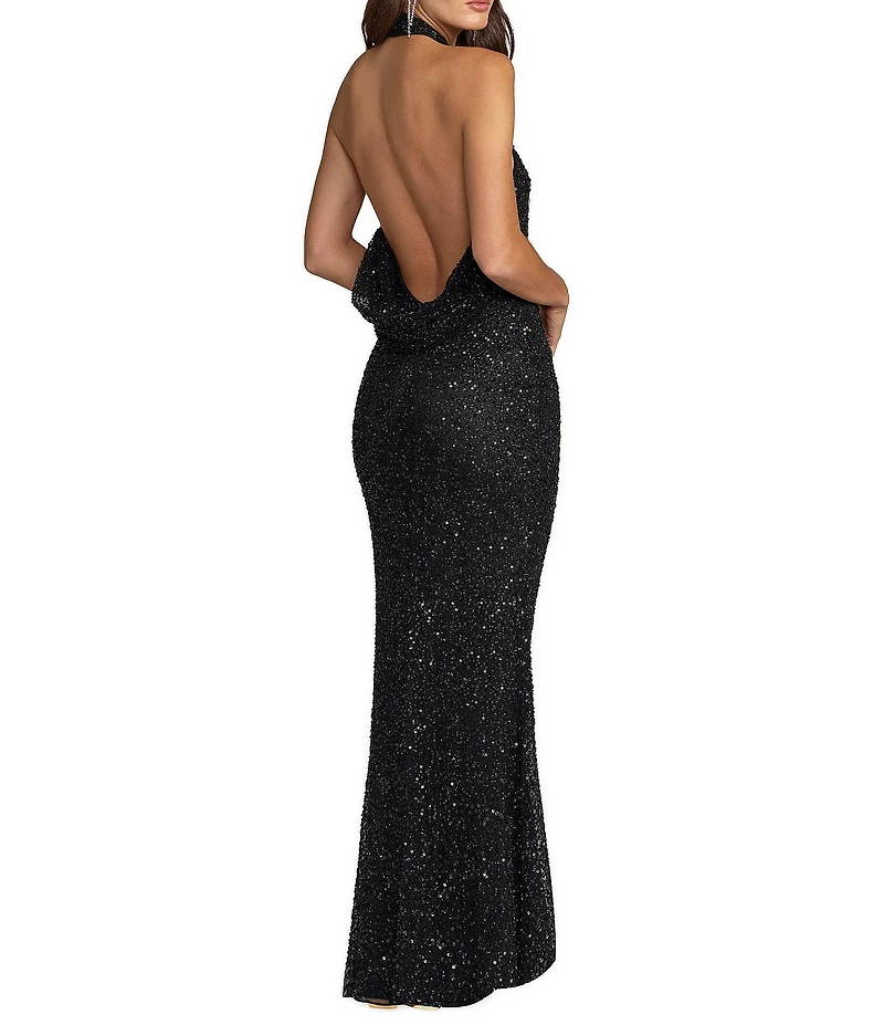 Mac Duggal Halter Neck Open Back Beaded Column Gown