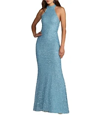 Mac Duggal Halter Neck Open Back Beaded Column Gown