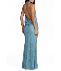 Mac Duggal Halter Neck Open Back Beaded Column Gown
