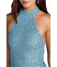 Mac Duggal Halter Neck Open Back Beaded Column Gown