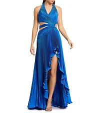 Mac Duggal Halter Neck Pleated Charmeuse Cut Out Gown