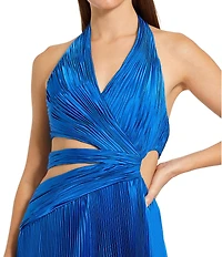 Mac Duggal Halter Neck Pleated Charmeuse Cut Out Gown