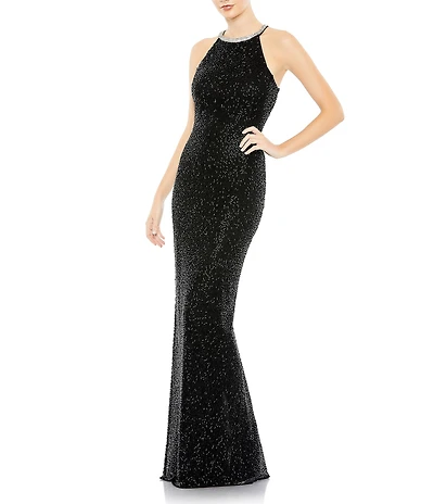 Mac Duggal Halter Neck Sleeveless Beaded Mesh Column Gown