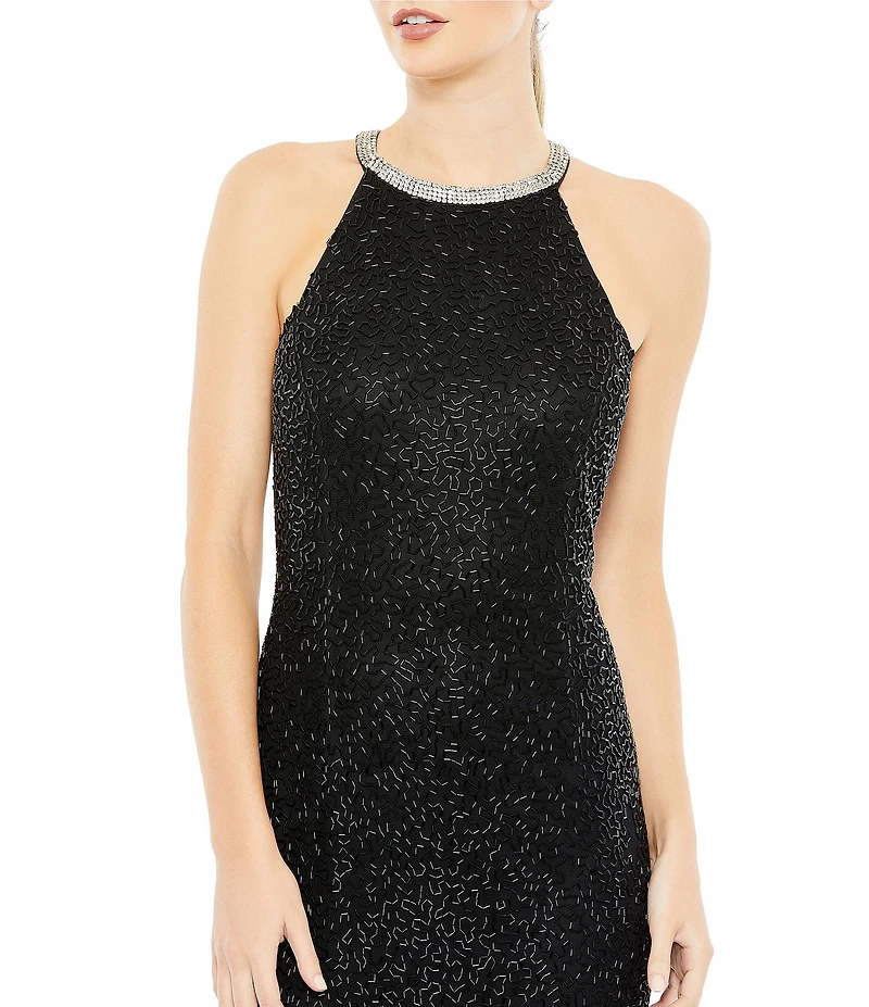 Mac Duggal Halter Neck Sleeveless Beaded Mesh Column Gown
