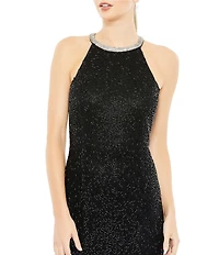 Mac Duggal Halter Neck Sleeveless Beaded Mesh Column Gown