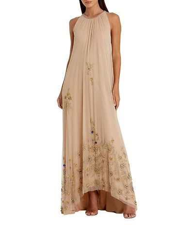 Mac Duggal Halter Neck Sleeveless Hi-Low Embellished Hem Chiffon Trapeze Gown