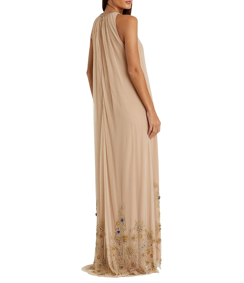 Mac Duggal Halter Neck Sleeveless Hi-Low Embellished Hem Chiffon Trapeze Gown