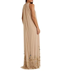 Mac Duggal Halter Neck Sleeveless Hi-Low Embellished Hem Chiffon Trapeze Gown