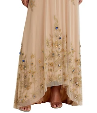 Mac Duggal Halter Neck Sleeveless Hi-Low Embellished Hem Chiffon Trapeze Gown