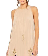 Mac Duggal Halter Neck Sleeveless Hi-Low Embellished Hem Chiffon Trapeze Gown