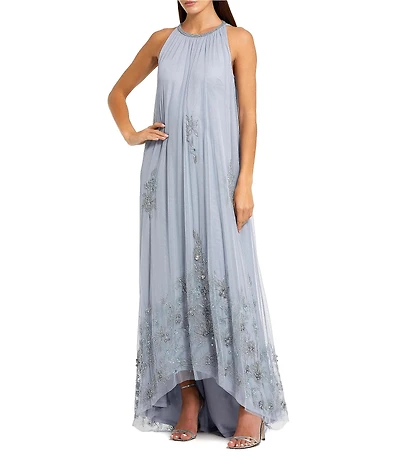 Mac Duggal Halter Neck Sleeveless Hi-Low Embellished Hem Chiffon Trapeze Gown