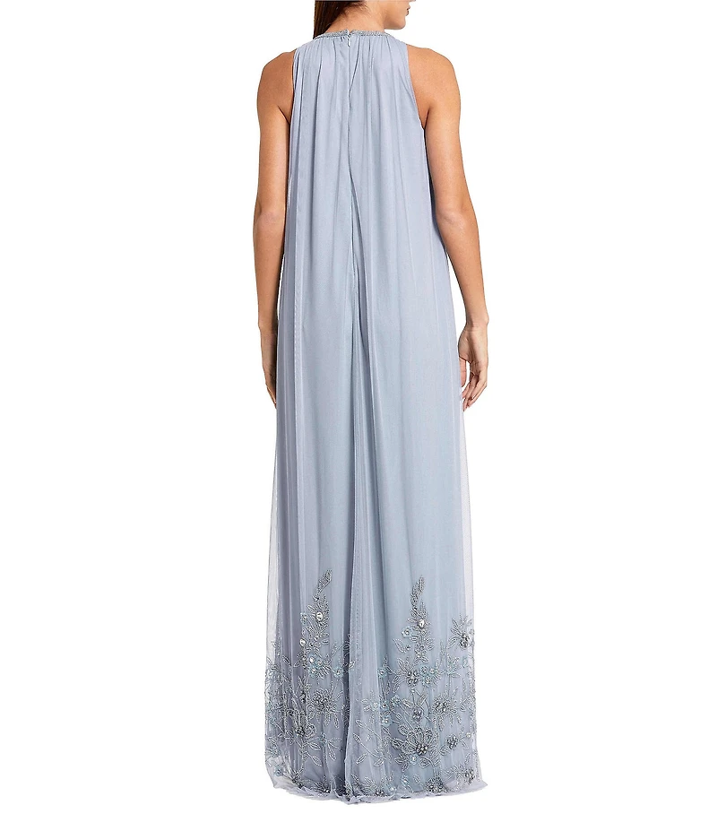 Mac Duggal Halter Neck Sleeveless Hi-Low Embellished Hem Chiffon Trapeze Gown