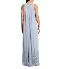 Mac Duggal Halter Neck Sleeveless Hi-Low Embellished Hem Chiffon Trapeze Gown