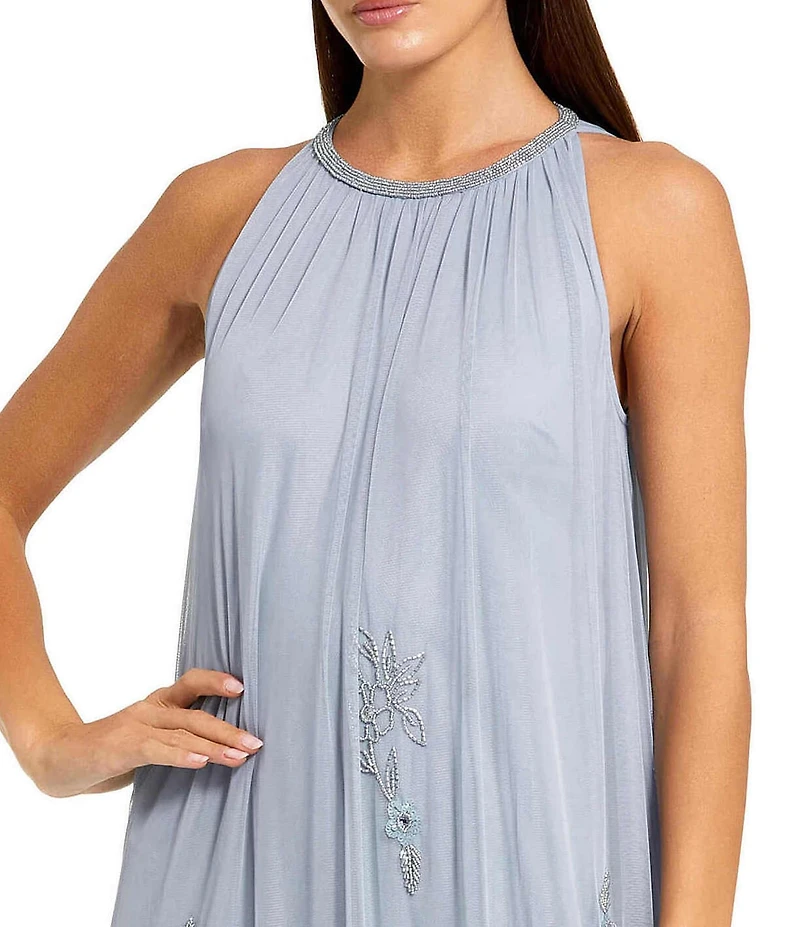 Mac Duggal Halter Neck Sleeveless Hi-Low Embellished Hem Chiffon Trapeze Gown