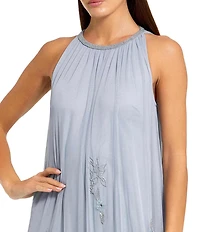 Mac Duggal Halter Neck Sleeveless Hi-Low Embellished Hem Chiffon Trapeze Gown
