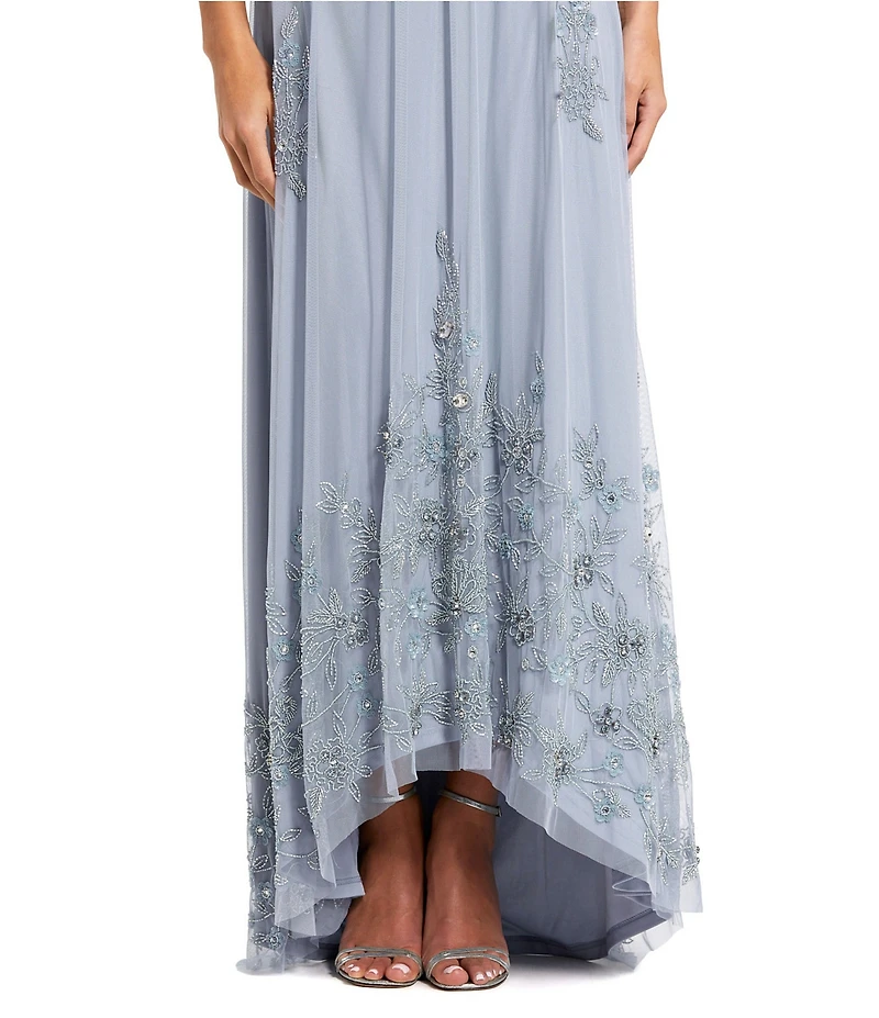 Mac Duggal Halter Neck Sleeveless Hi-Low Embellished Hem Chiffon Trapeze Gown