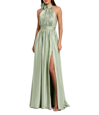 Mac Duggal Turtleneck Sleeveless Lined Thigh High Slit A-Line Open Back Detail Gown
