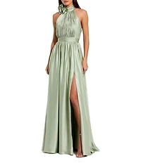 Mac Duggal Turtleneck Sleeveless Lined Thigh High Slit A-Line Open Back Detail Gown