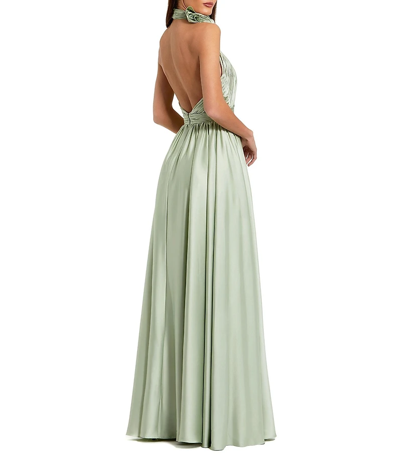 Mac Duggal Turtleneck Sleeveless Lined Thigh High Slit A-Line Open Back Detail Gown
