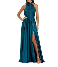 Mac Duggal Turtleneck Sleeveless Lined Thigh High Slit A-Line Open Back Detail Gown