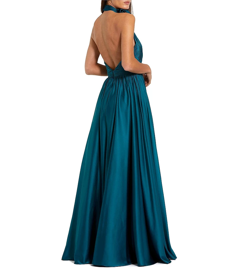 Mac Duggal Turtleneck Sleeveless Lined Thigh High Slit A-Line Open Back Detail Gown