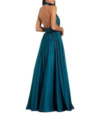 Mac Duggal Turtleneck Sleeveless Lined Thigh High Slit A-Line Open Back Detail Gown