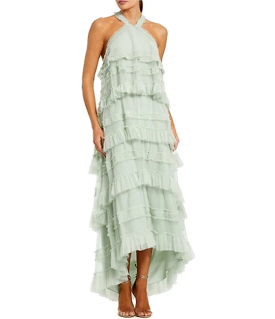 Mac Duggal Halter Neck Tier Ruffle Sheath Dress
