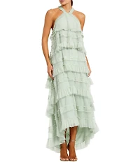 Mac Duggal Halter Neck Tier Ruffle Sheath Dress