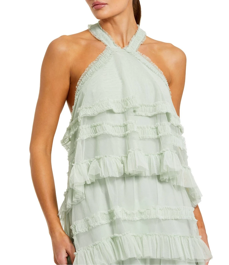 Mac Duggal Halter Neck Tier Ruffle Sheath Dress