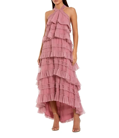 Mac Duggal Halter Neck Tier Ruffle Sheath Dress
