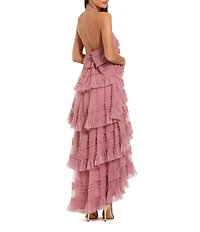 Mac Duggal Halter Neck Tier Ruffle Sheath Dress