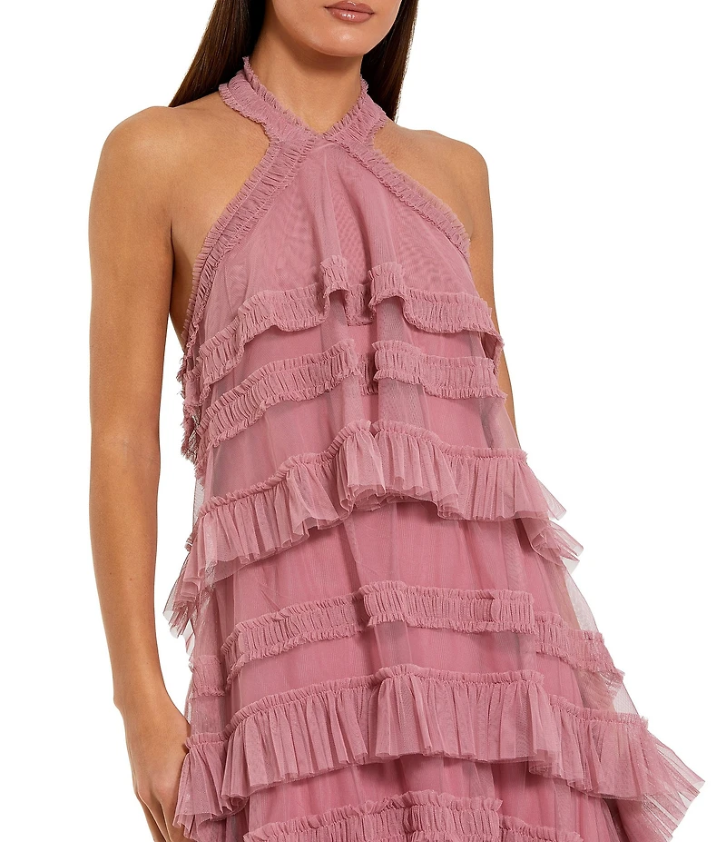 Mac Duggal Halter Neck Tier Ruffle Sheath Dress